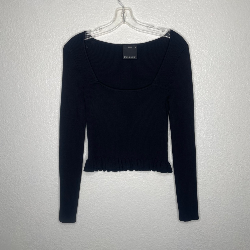 C/MEO COLLECTIVE Black Ribbed Square Neck Ruffle Hem Long Sleeve Top M